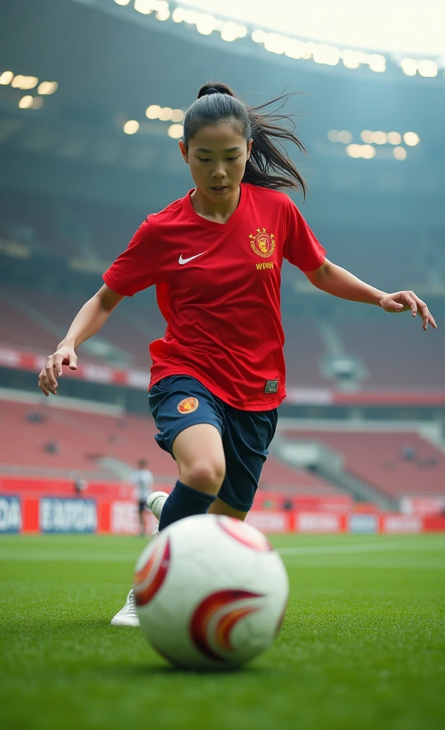 Chinese women's football,Beautiful facial features,White skin,Close-up of training,Steals,Shot,Dribble, World Cup stadium as background