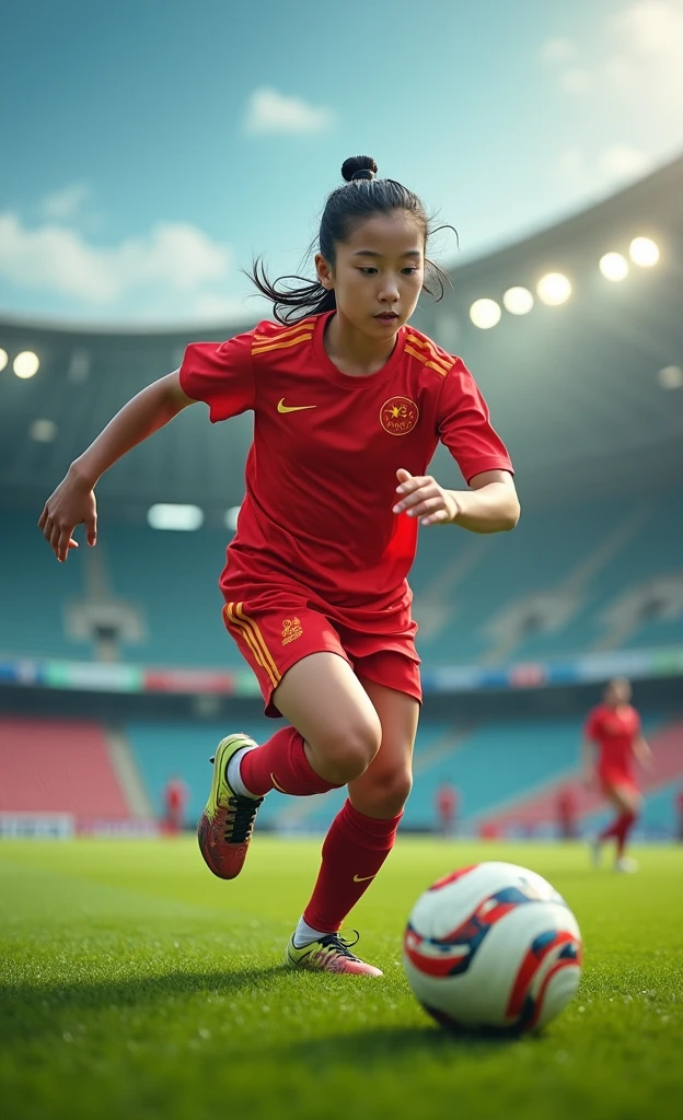 A Hmong girl, playing soccer, background soccer field, spectators, is a goalkeeper