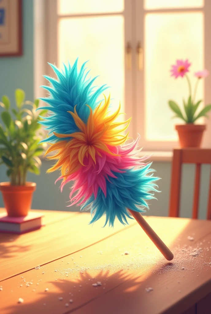 Illustration of a feather duster cleaning dust