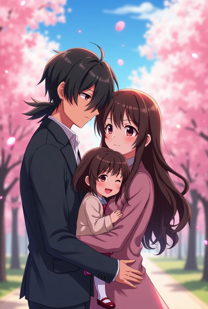 An anime man with black hair and dark maroon Eyes and he is standing with an anime woman with long middle brunette hair and dark brown eyes and they are standing with their daughter