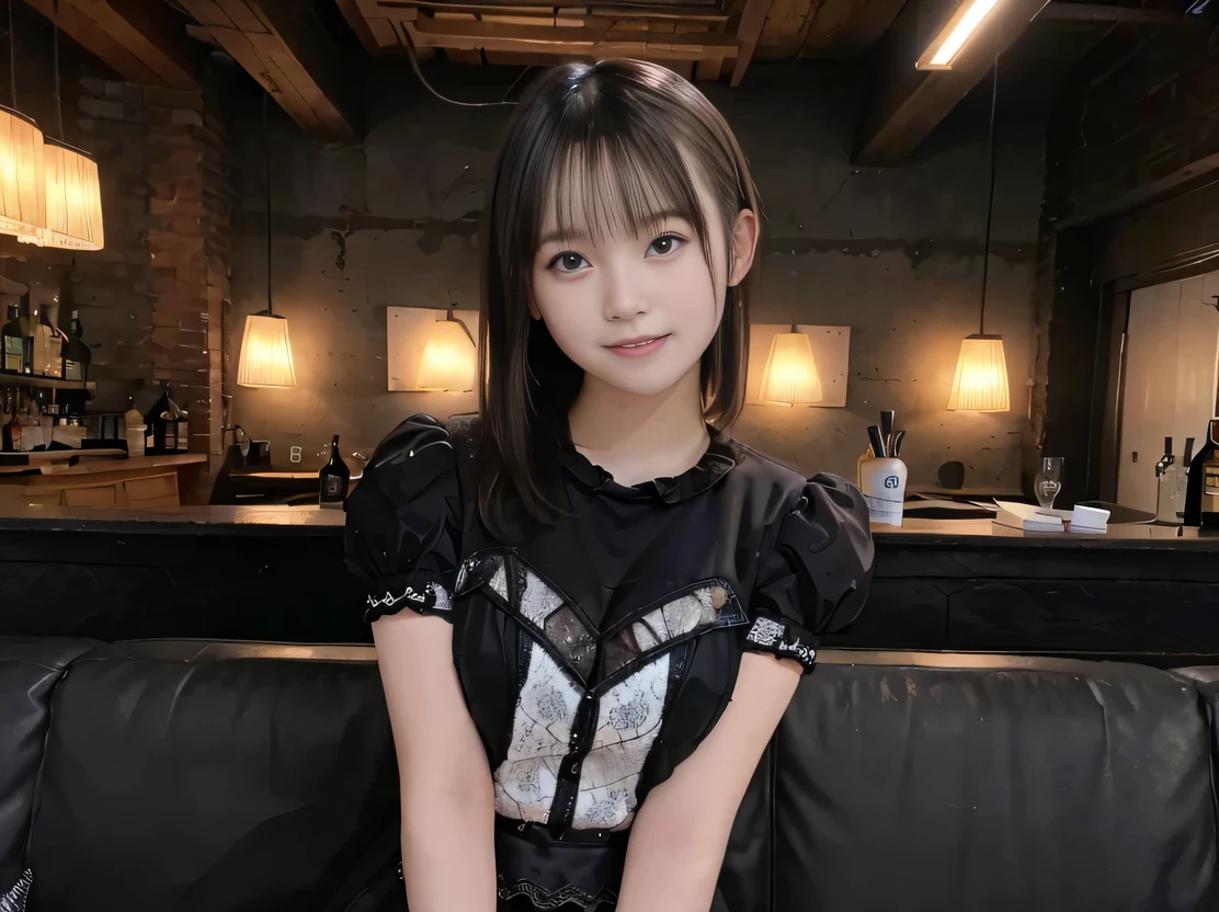 ((Dark interior with eye-catching neon lights、Large windows、Alcohol is displayed))、8k、(Photorealistic)、(Ultra-high realism)、(Ultra-high resolution)、(Ultra-high resolution)、((Cute Smile)) (、Very cute face, )、(Smooth Skin、Realistic texture)、Realistic eyes)、(Brown Hair、Moisturized hair、Shiny beautiful hair、Short Bob、Hair behind the ear、Very fine hair)、Beautiful breasts、Beautiful breasts cleavage、Narrow waist、narrow、BIG ASS、(Black short sleeve lace top、micro mini)((Neon tube background))、bar counter、Sitting on the couch、Lift your legs(Erotic and bold gravure poses))、((Full body shot up to the ankles))、(idol)、