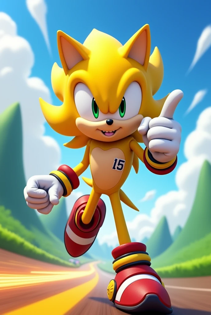 Yellow Sonic dressed in a yellow outfit and the number 15 with a cool finger