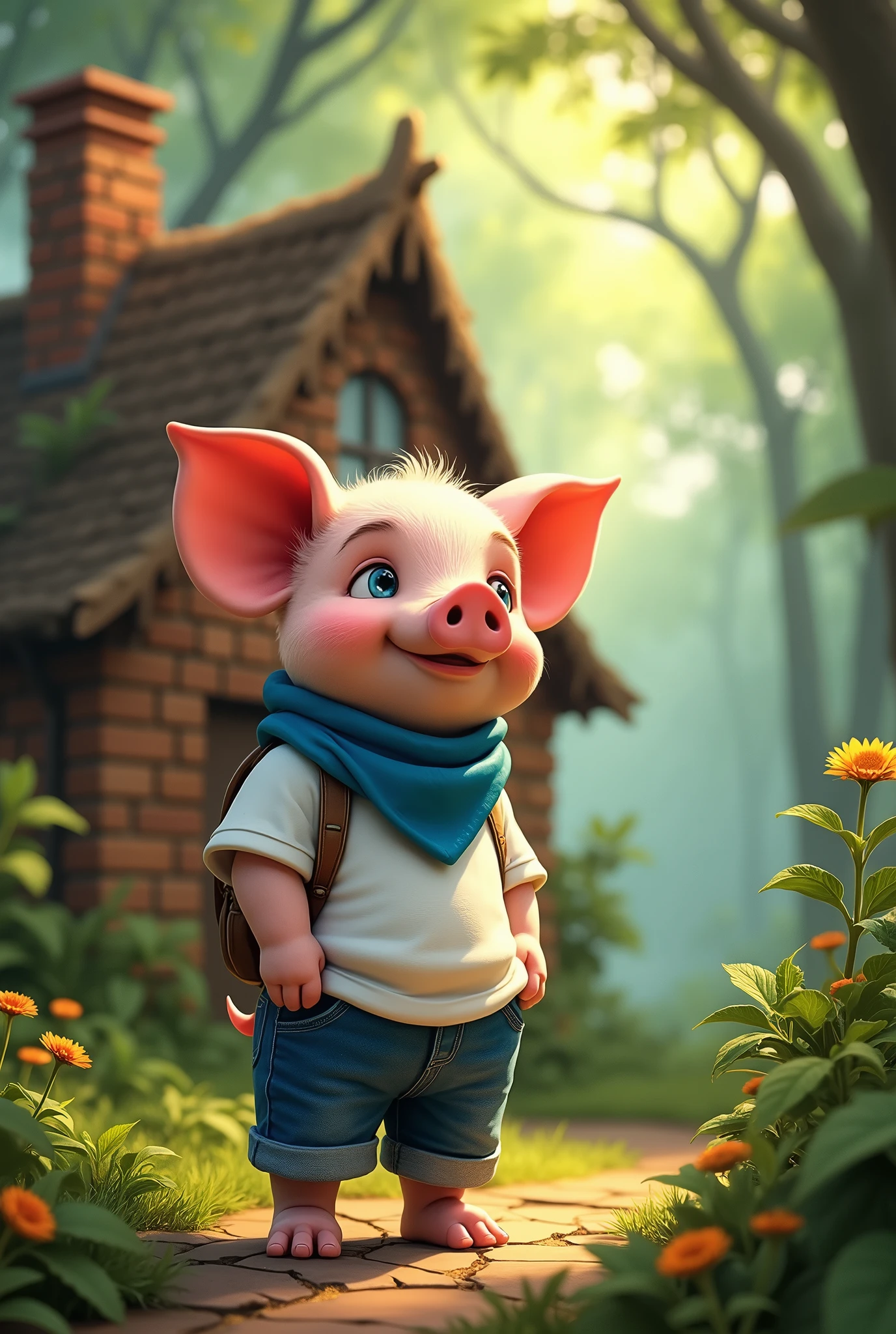 masterpiece, full-body illustration of a small cute piglet, (1male cute piglet:1.2), (satisfied expression:1.3), wearing a white t-shirt, blue jeans, and a blue bandana, (strong and hardworking:1.3), looking and admiring his simple brick house with chimney in the middle of a jungle with trees, (nature background:1.2), sunlight filtering through the trees, (soft lighting:1.3), (warm and green color scheme:1.3), (highly detailed), (ultra quality:1.3), (masterpiece), (digital art), 8K resolution, HDR, depth of field, (soft shadows), (photorealistic:1.3), (animation:1.2), (by Greg Rutkowski:0.9), (in the style of Alphonse Mucha), trending on ArtStation, award-winning art