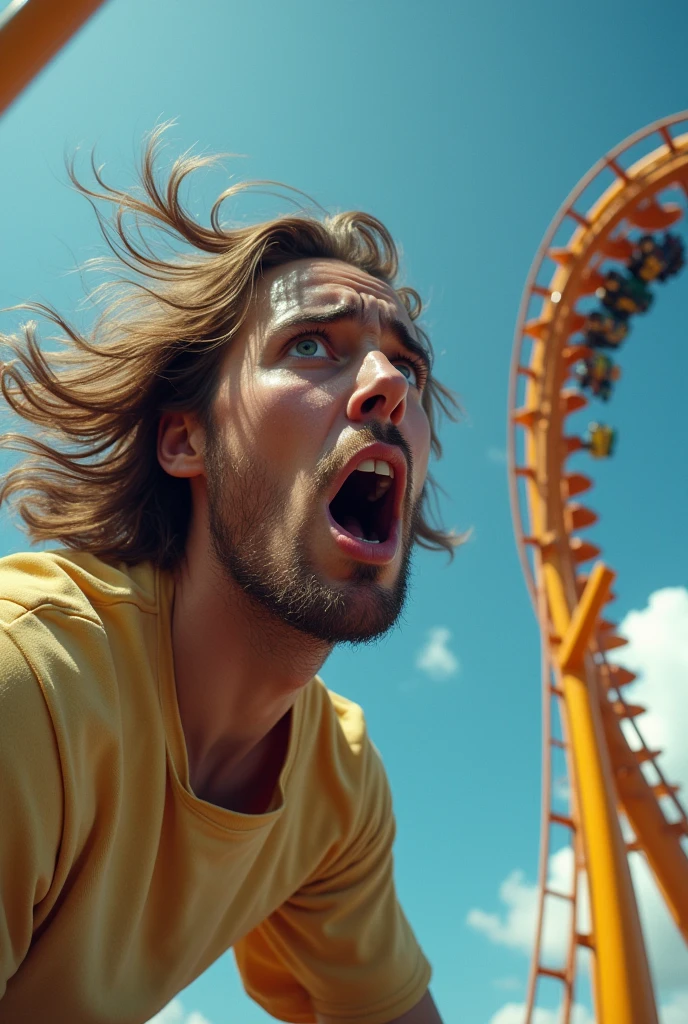 serious crying adult falling from roller coaster with focus on roller coaster