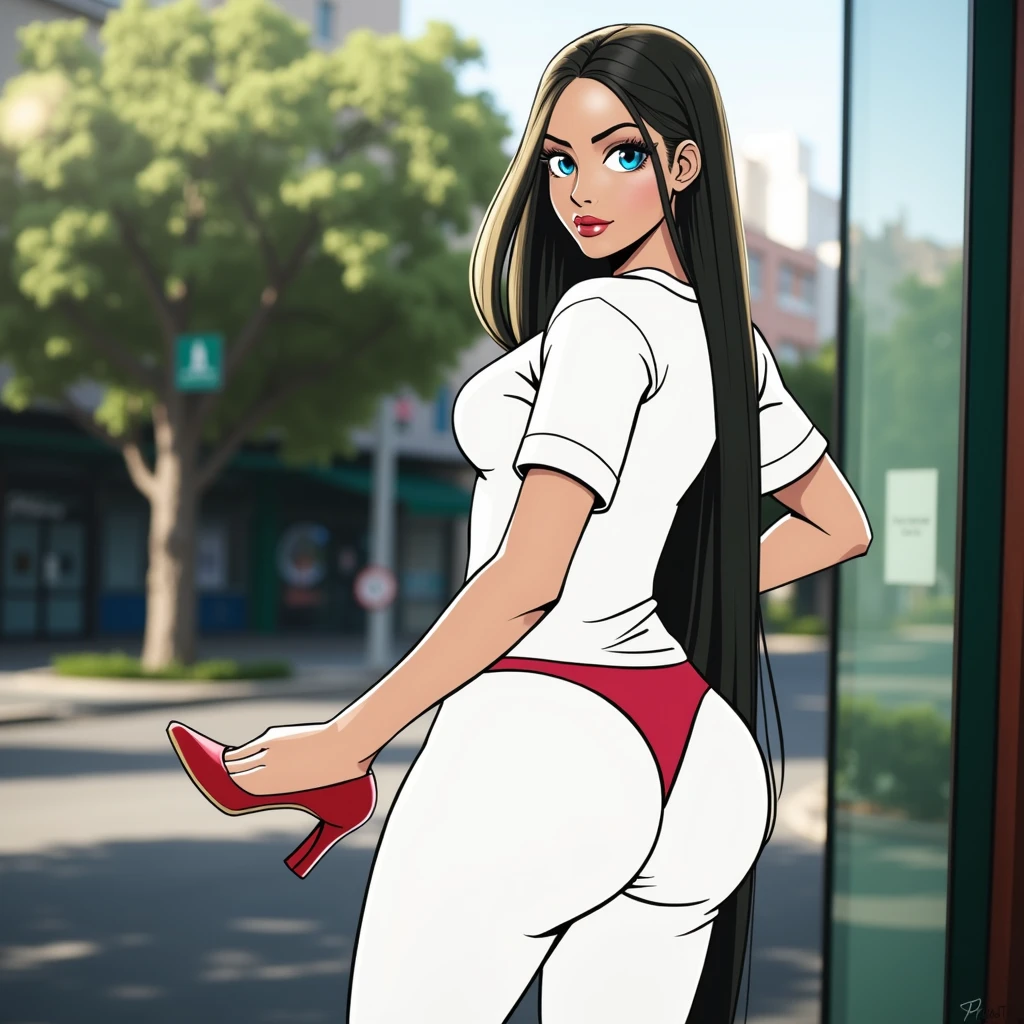 Beautiful black woman with big blue eyes, slim and sculptural full body, head on, very long blonde hair, totally naked wearing only red high heels, of giant breasts and nipples, giving a flying kick