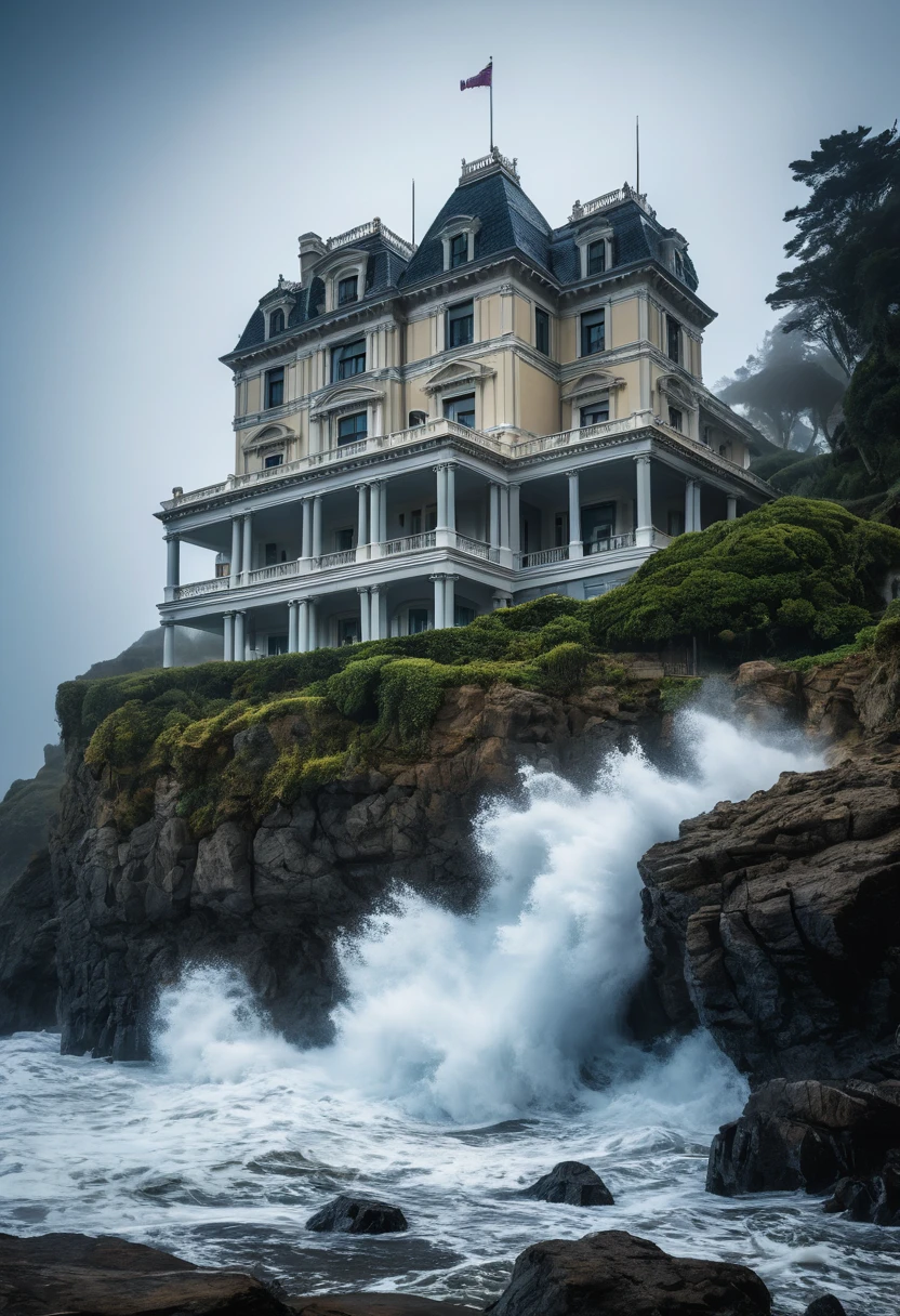 Cinematic shot, low-angle view of the mansion, with the camera looking up at the building from the base of the cliff, creating a sense of grandeur and awe, the ocean waves crashing against the rocks in the foreground, adding to the sense of drama and tension, 8k, UHD, highly detailed, skin detail, ultra detailed, skin texture, high resolution, hyperrealistic, volumetric fog, Nikon D850, AF-S NIKKOR 14-24mm f/2.8G ED lens, low-angle shot, highlighting the mansion's futuristic and surrealist design, with a focus on the textures and patterns of the building's surface, and a sense of mystery and enchantment that draws the viewer in.