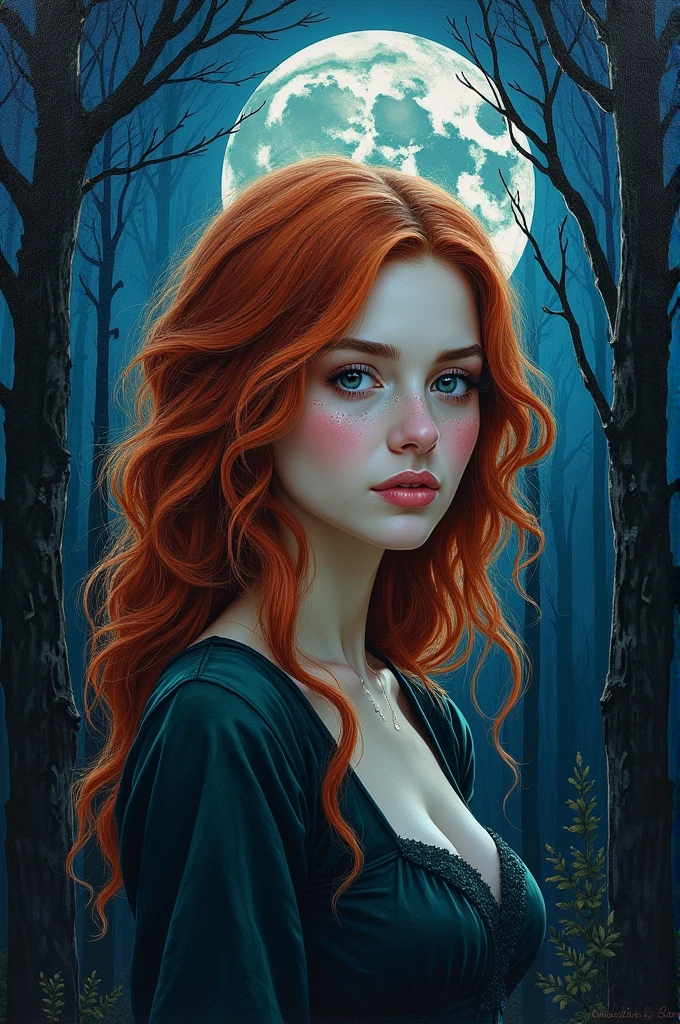 ((best quality)), ((masterpiece)), (detailed), perfect face Triss Merigold, at night in a forest with full moon, oil painting, rough paint strokes, pointillism