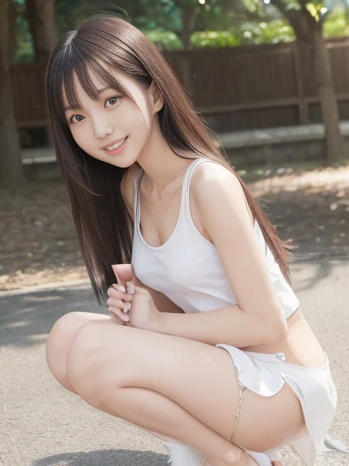 Japanese female, (underweight), (flat chest best quality:1.5), 30 years old, (cheerful grin:1.3),
NSFW, (squatting, legs spread), long hair, (tank top), (skirt),(Wearing white panties),(showing off pantie:1.3), in the park, full body shot, front view, low angle shot