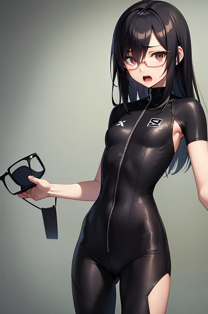 masterpiece, best quality,anime style, 1 girl,(((slender body))), (((small eyes))),(((athlete suit,glasses))),(((scream))), (beautiful face), (((medium hair))), (((straight hair))), ((((black hair)))),detailed beautiful skin, (perfect hands, perfect anatomy)