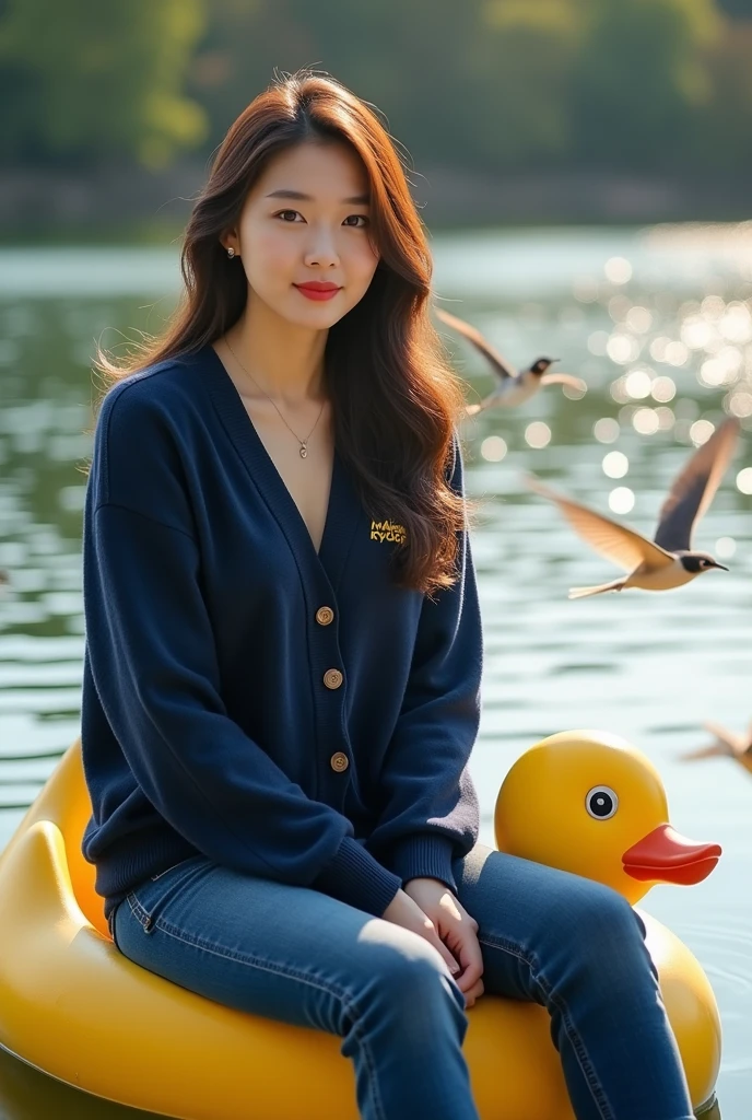 Beautiful white Korean woman with clean, smooth skin wearing a dark blue cardigan with the Mamaskygibs logo, dark blue jeans, Buots shoes, looking straight ahead, sitting on a duck boat, approached by birds with a lake in the background, original photo