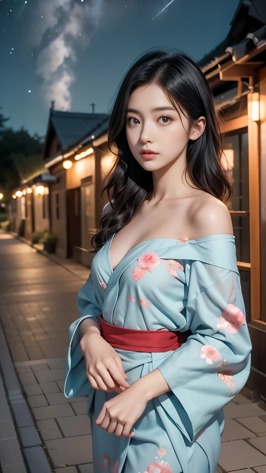 Scenery photography、wallpaper、Starry Sky、Shooting Star Road、Yukata girl、Off-shoulder