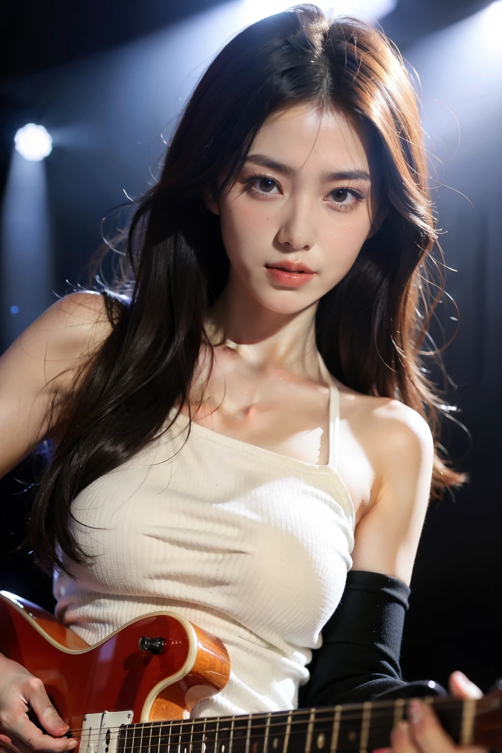 Best Quality, Masterpiece, Ultra High Resolution, (Realistic: 1.2), Original Photo, Head Photo, Skin, Simple Background, Seductively tall, D-cup ,
Black Eyes, Detail, Selfie, 1 Girl, a white top, night, on stage live concert, play electric guitar and sing a song with microphone.