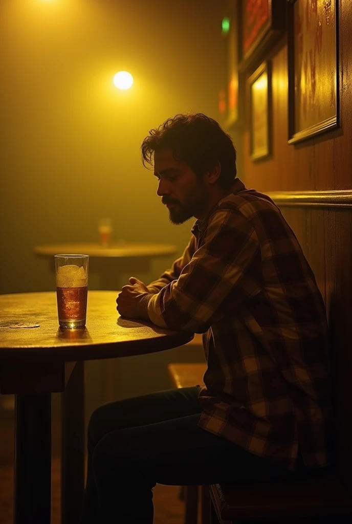 a 48 year old man in 1975's clothes sitting at a bar table drinking sad suffering from love yellow colored scene