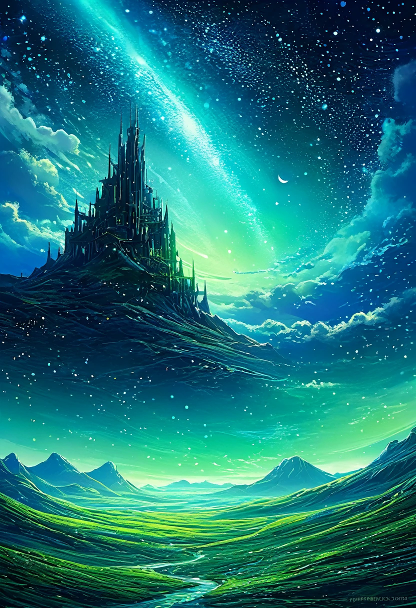The moon is surrounded by many, many glowing stars. The starry sky is twinkling and light trails are even brighter. Surreal scene. Beautiful and amazing composition. Subtle shadows and highlights. Deep blue, light blue and green tones. More color gradations. Full of mystery. Vibrant Tones Action Painting Highly Detailed HD Cinematic Close-Up Magical Fantasy Gorgeous Digital Art
