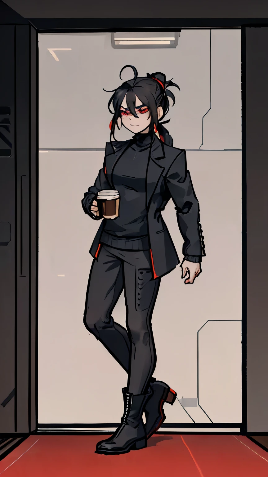 (detailed), (((Chico))), (Arabic characteristics), ((gray wool jacket)), ((black fur rizado Ponytail hairstyle)), ((Ponytail hairstyle)), (calm face), ((by the width)), ((coffee boots)), (((whole body))), ((in a cyberpunk room)), ((male)), (gray turtleneck sweater), ((only one person)), (at night), terror, ((eyes glowing red)), In the dark, ((black fur)), ((((red skin color)))), demon tail