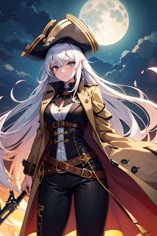 Beautiful girl, highlighted breasts, pirate outfit(trench coat, pants, , skirts, weapons etc.), long white hair , tan skin tone, na proa do navio, looking at the starry sky and full moon