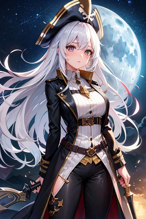 Beautiful girl, highlighted breasts, pirate outfit(trench coat, pants, , skirts, weapons etc.), long white hair , tan skin tone, na proa do navio, looking at the starry sky and full moon