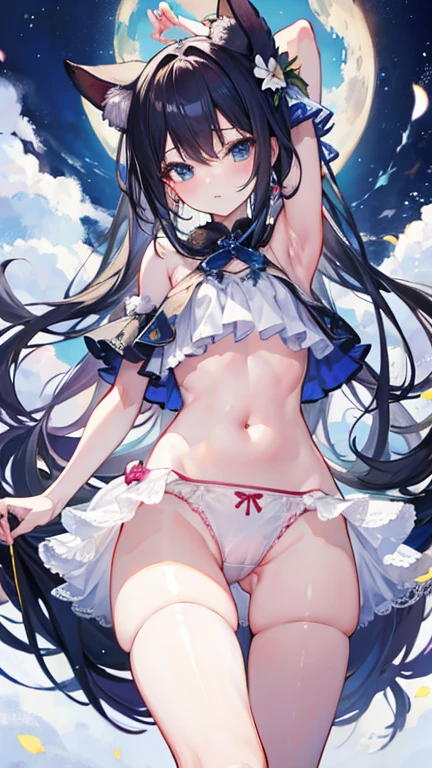 Highest quality, 6 year old female, Flat Chest, whole body, Frame from head to toe, Hata, Thin thighs, Bloomers, bend over, Buttを見せる( Butt), Outdoor, cute girl, cute , String panties，Put your finger on your panties、Stick out、Angelic, Thin fabric, See through, God&#39;s Rays, Fluffy Clouds, Colorful flower garden, Mysterious eyes of the starry sky，Deep starry sky，Mysterious，unknown，Movie atmosphere，negative dark mode，Fantastic，Spectacle，Dream of Looking Up at the Infinite Universe，Infinite galaxies，A supernova attacked by a dangerous black hole，Planktonic nebulae、Ominous atmosphere、negative dark mode、The atmosphere of the Matrix、Rotating numeric codes、abyss，Stairs to the sky Flash photography, High chroma