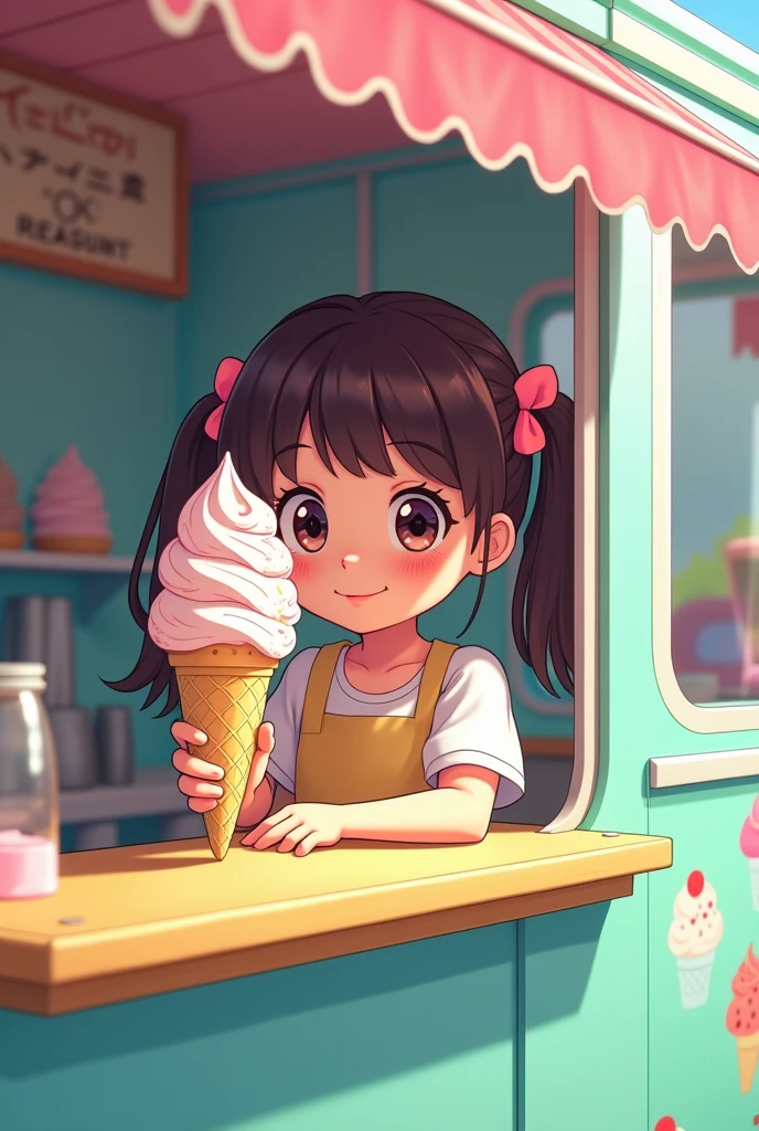 2D Manga，Pixar style，Ice cream truck，Exterior panorama，A very cute girl is the clerk，The clerk&#39;s hand extended out from the counter，Holding the ice cream that you dare to make，Ready to hand to the customer，Ghibli style，4k8k resolution，Size 9:16