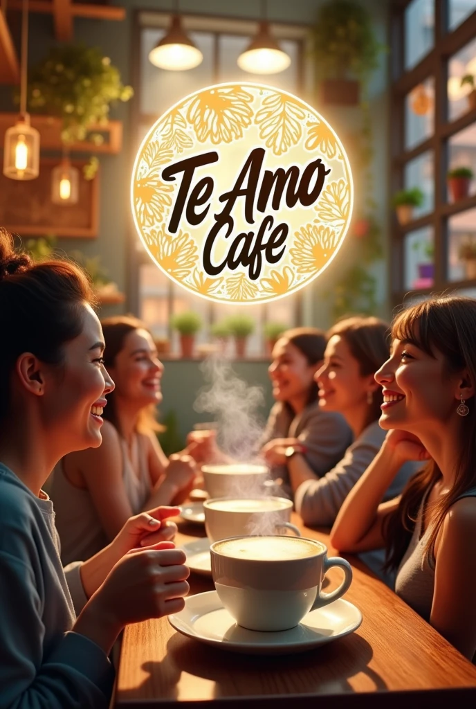 Create hd poster for Te amo Cafe grand opening on August 21th with cuppuccino drinking people background