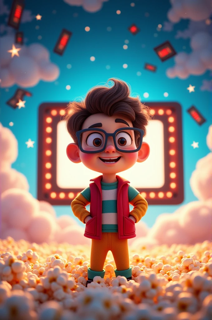 A sleek and modern YouTube channel logo featuring the character Yuddi, a friendly and knowledgeable animated explainer. The background showcases a cinema screen with a popcorn-filled sky, indicating the channel is dedicated to explaining movies in the USA. The logo exudes a playful and engaging vibe, perfect for a channel that makes complex film concepts easy to understand.