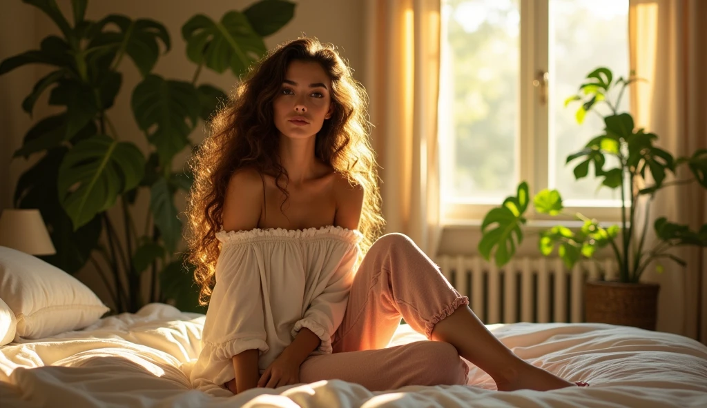 (photorealism:1.2), beautiful woman, sitting on bed, wearing loose off-shoulder top, pajama pants, long curly hair, indoors, soft lighting, plants in background, window with sunlight, cozy room, relaxed pose, realistic, intricate details, warm colors, by Greg Rutkowski, by Alphonse Mucha