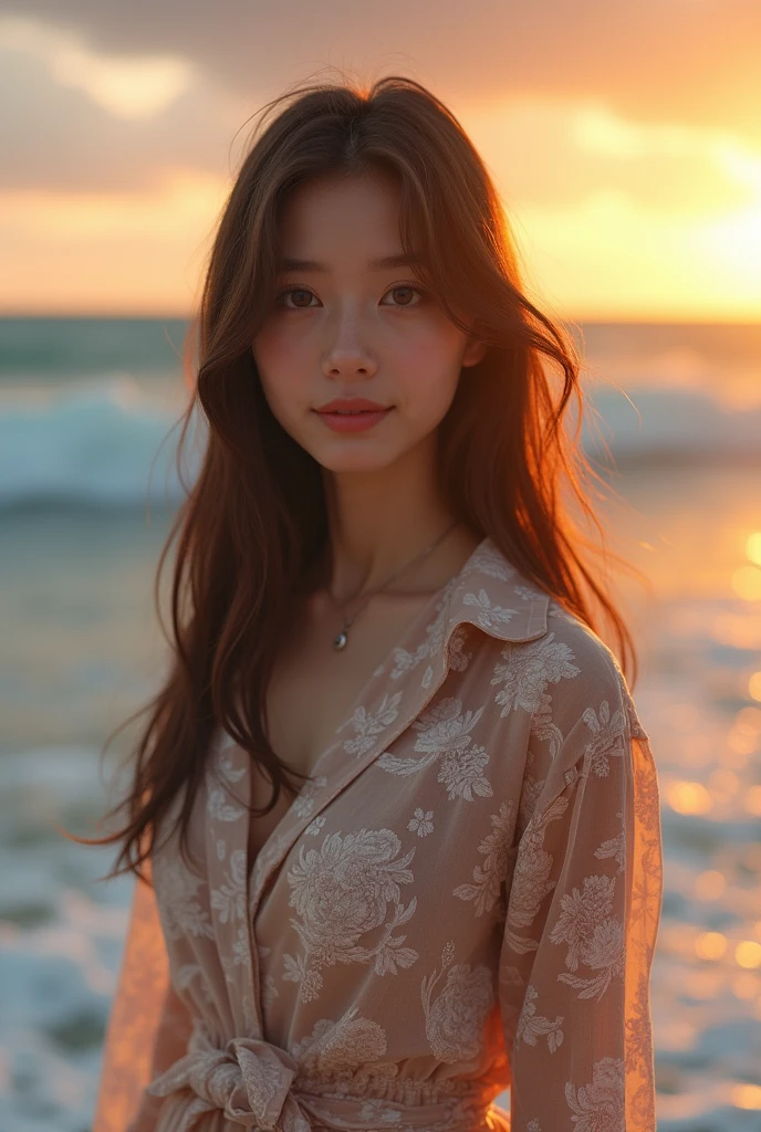 Beautiful one、Detailed eyes、、Highest quality, 超High resolution, (Reality: 1.4), Super Beauty、Beautiful Skin、Slender、Body facing forward、(Surreal)、(High resolution)、(8k)、(Beautiful and detailed eyes)、Detailed face、Bright lighting、Face Focus、Look straight ahead、(The costume is a damask shirt dress.)、Long Hair, Evening scenery、Brown Hair、Japan is an idol、、Age 20、 smile, Seascape