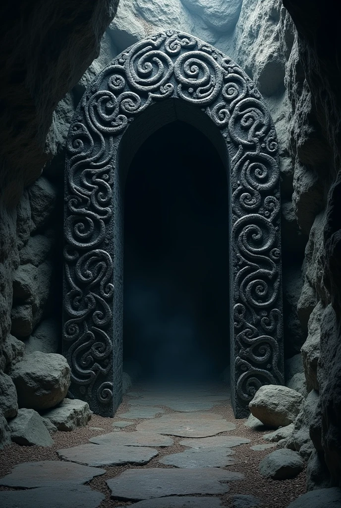 14. Un portail mystérieux fait de pierres noires, orné de motifs étranges, conduisant vers un passage encore plus sombre.
