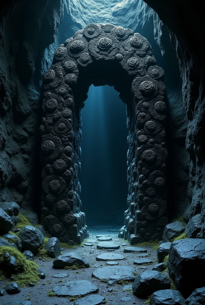 14. Un portail mystérieux fait de pierres noires, orné de motifs étranges, conduisant vers un passage encore plus sombre.