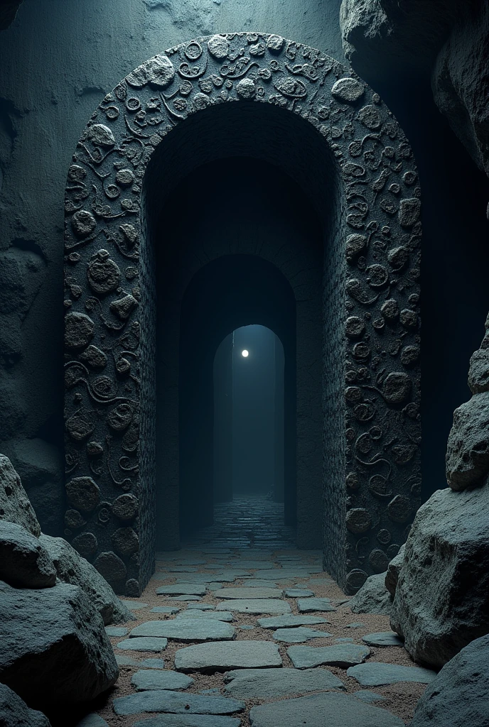 14. Un portail mystérieux fait de pierres noires, orné de motifs étranges, conduisant vers un passage encore plus sombre.