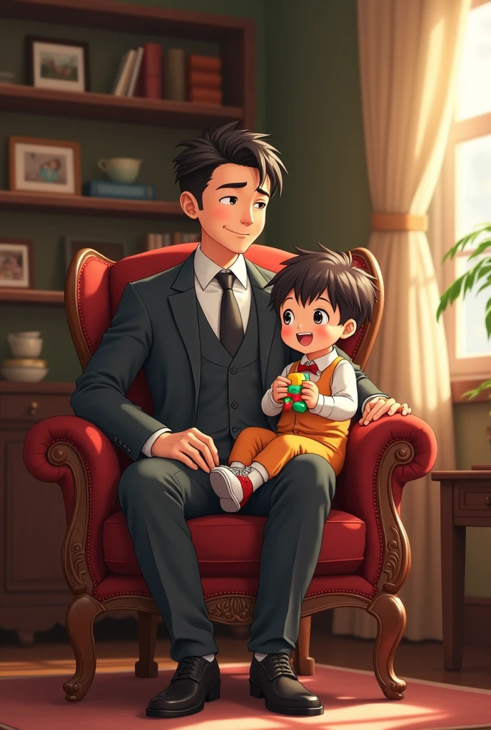 anime style drawing of a man standing in a suit with his son on his lap realistic