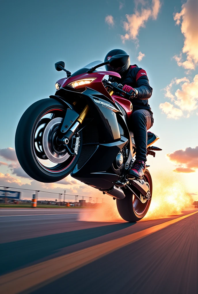 masterpiece, Highest quality, Super detailed, (A rider doing a high wheelie on a sports bike)、diagonal、