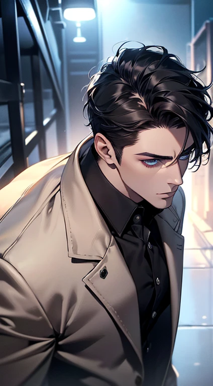 (best quality, masterpiece, 8K, photorealistic, cinematic lighting, 1:4 hdr image, top view, ultra detailed, beautiful image), a mature man, very handsome, short black hair, blue eyes, perfect face without errors , ((buttoning his jacket, CEO))