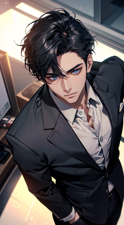 (best quality, masterpiece, 8K, photorealistic, cinematic lighting, 1:4 hdr image, top view, ultra detailed, beautiful image), a mature man, very handsome, short black hair, blue eyes, perfect face without errors , ((buttoning his jacket, CEO))