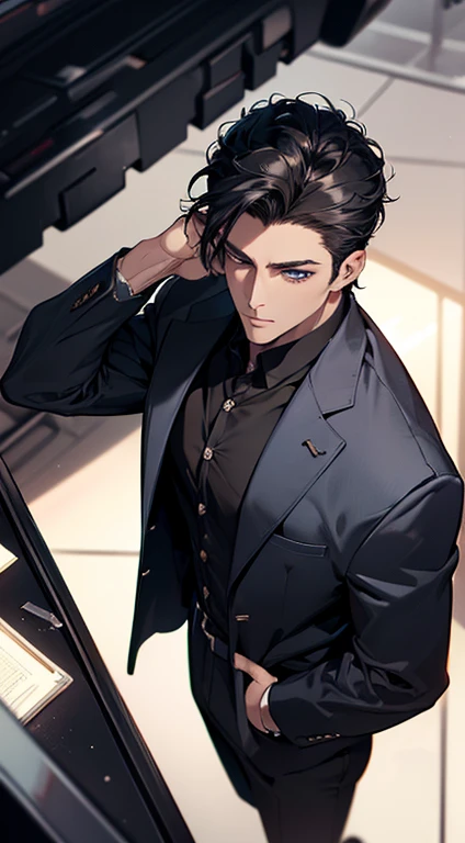(best quality, masterpiece, 8K, photorealistic, cinematic lighting, 1:4 hdr image, top view, ultra detailed, beautiful image), a mature man, very handsome, short black hair, blue eyes, perfect face without errors , ((buttoning his jacket, CEO))