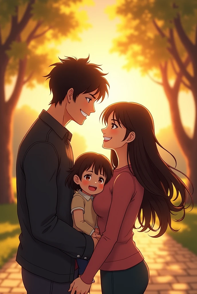 An anime man with black hair and dark maroon Eyes and he is standing with  an anime woman with long middle brunette hair and dark brown eyes and they are standing with their daughter who has black hair and dark brown eyes