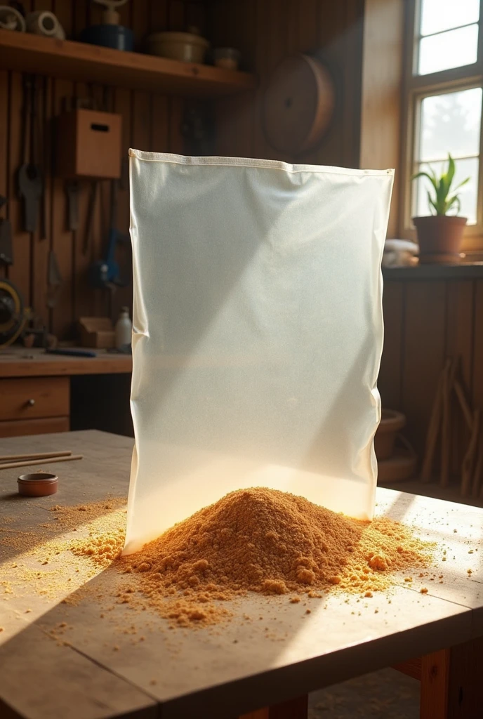 Create a picture of a sheet with plastic and clean sawdust
