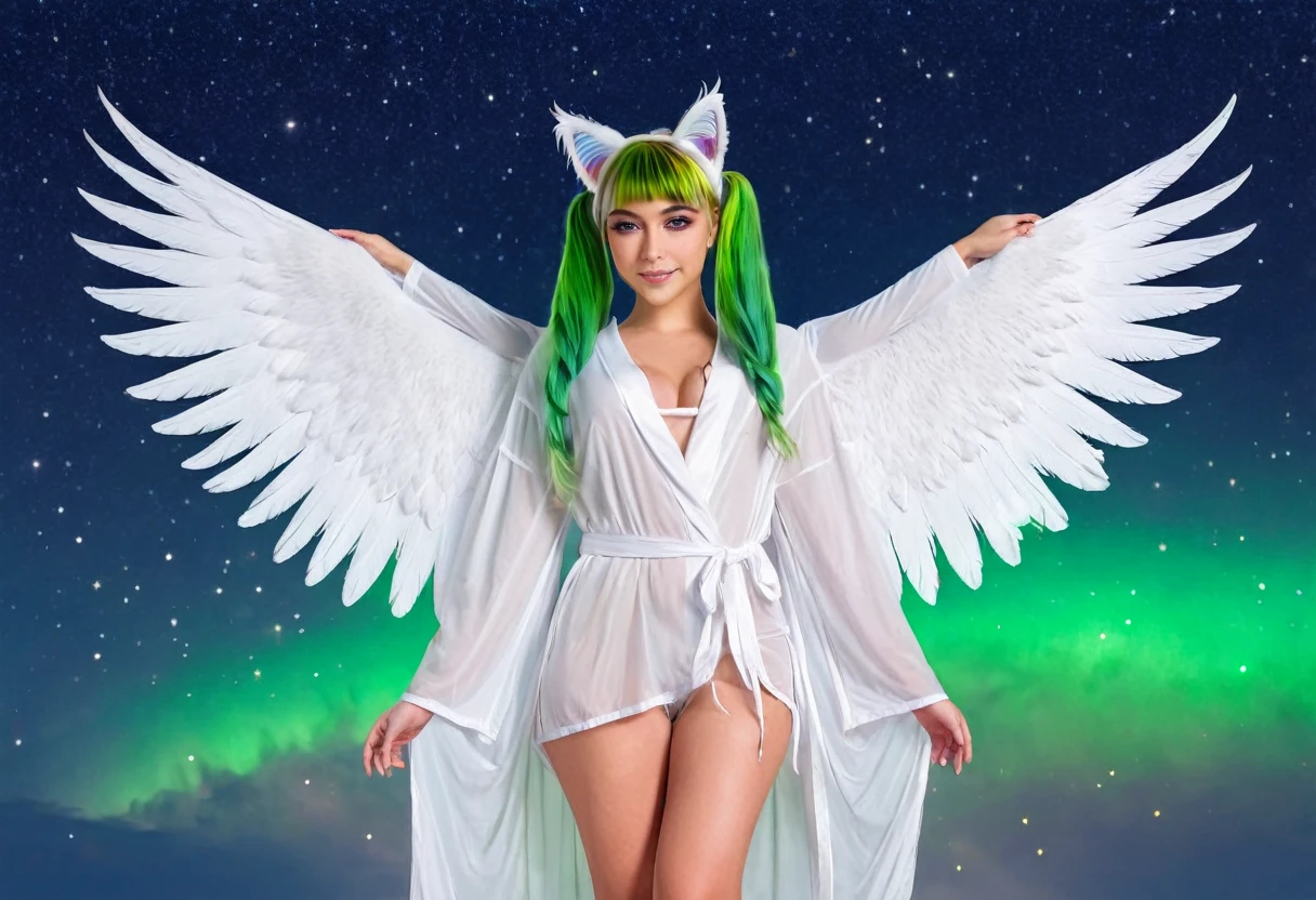 an angelic cat girl (cute woman, age 25, cat ears, over large green eyes, rainbow hair, large white feathered wings, airy sheer white robe, puffy white tail) flying through a dreamy starry sky