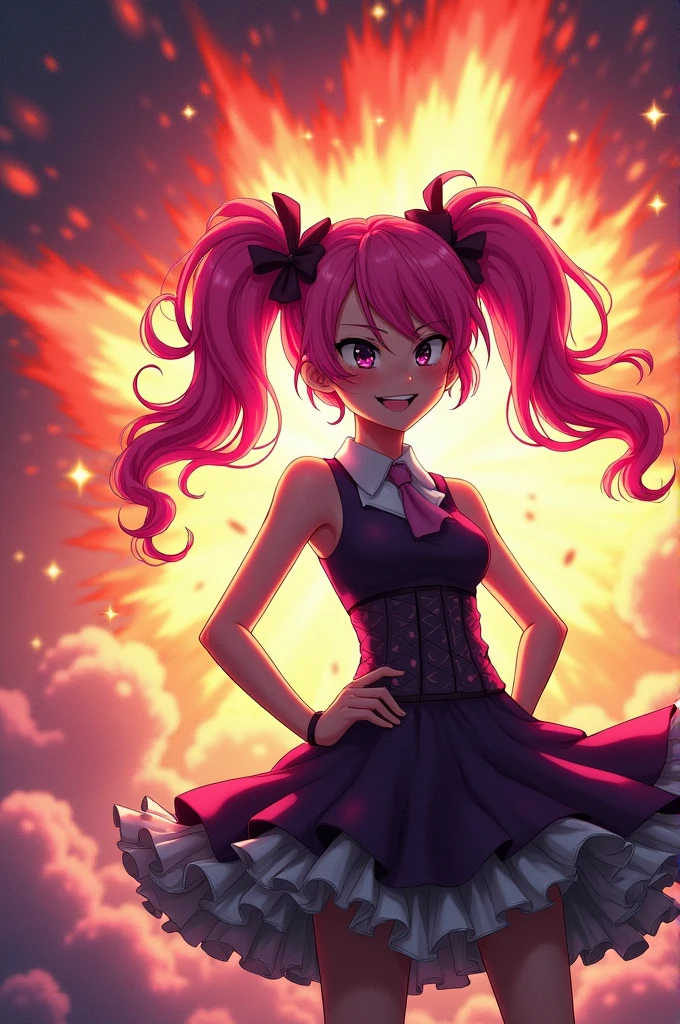 (masterpiece, Best Quality), intricate details,
1 girl, hands on hip, standing, right, Laugh, Explosion background, Junko Enoshima, Evil laugh.