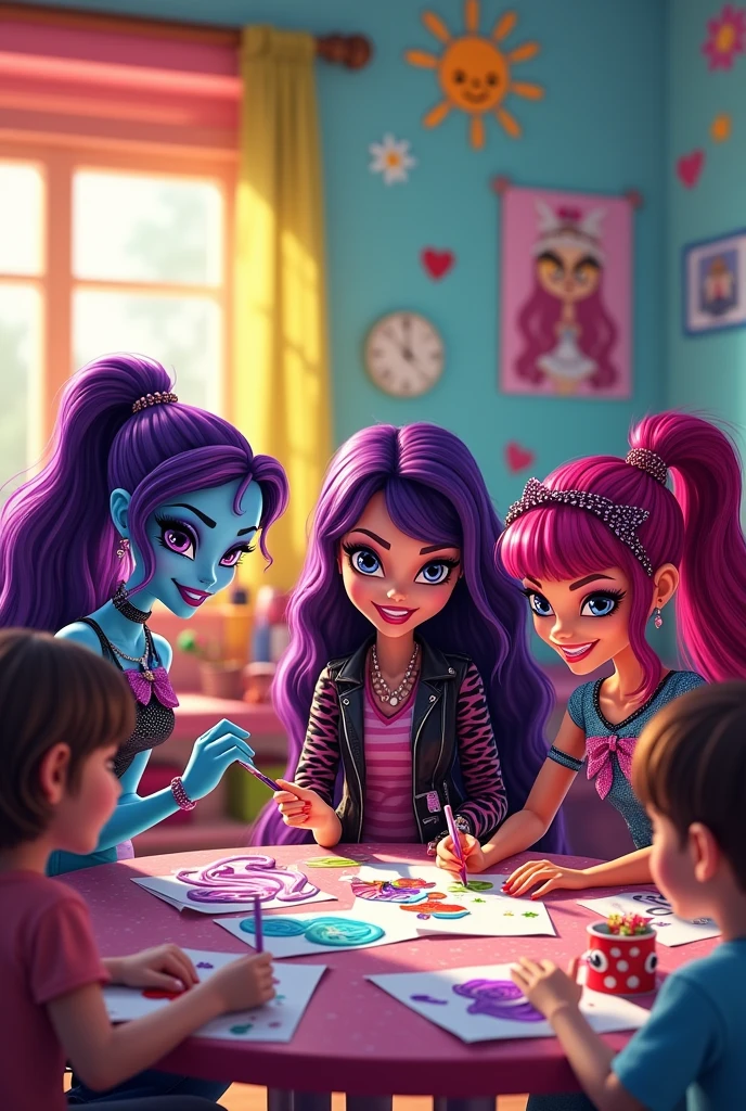 Give me a sticker-type image showing the Monster High girls playing with children in a kindergarten.