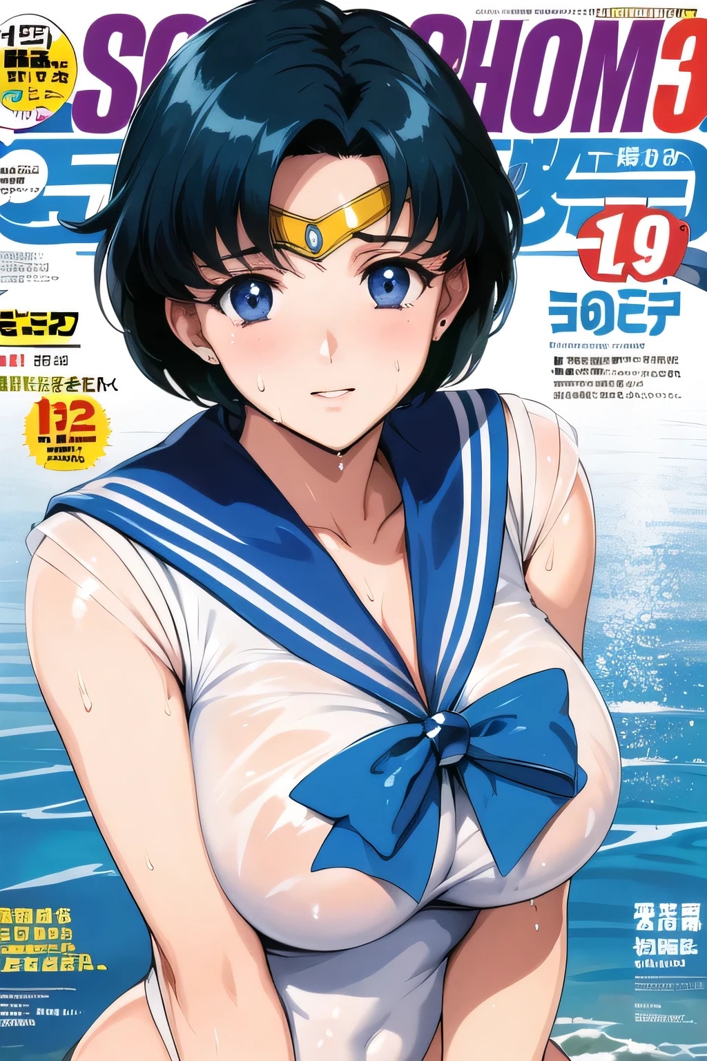 Anime illustration、Sailor Mercury　(( Highest quality, High resolution, Hmph, Pixel perfect, 4K, Hmph, Hmph))), 1 girl, single, alone, Beautiful woman、I could see the whole body、 , ((Detailed face, blush:1.2)), ((Smooth texture:0.75, Realistic texture:0.65, Realistic:1.1, Anime CG style)),Embarrassed face、 Big Breasts、((((Sweaty all over)))), Dynamic Angle, Perfect body,Leaning forward significantly、(Exposing your buttocks.、Spread your legs、cover your chest with your hands),(Pink Ranger), (alone) , Fitness Model, Red cheeks, I breathe, Sweaty, Soaking wet, Laughter、package、cover、advertisement