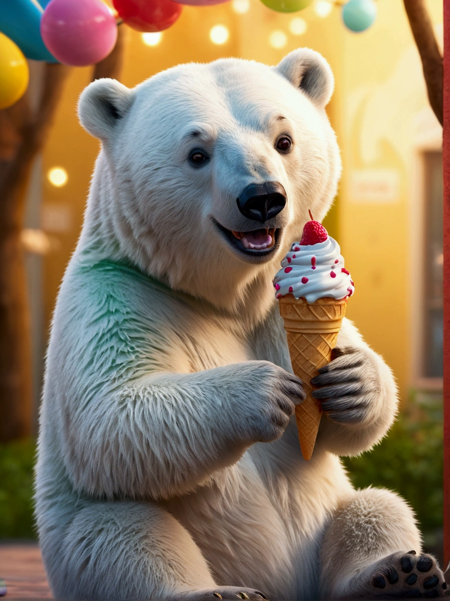 A cute, smiling polar bear eating an ice cream cone, whimsical anthropomorphic illustration, book cover art, detailed, vibrant colors, soft lighting, highly detailed, photorealistic, 4k, (best quality,4k,8k,highres,masterpiece:1.2),ultra-detailed,(realistic,photorealistic,photo-realistic:1.37),HDR,UHD,studio lighting,ultra-fine painting,sharp focus,physically-based rendering,extreme detail description,professional,vivid colors,bokeh,cute,whimsical,smiling,anthropomorphic,book illustration
