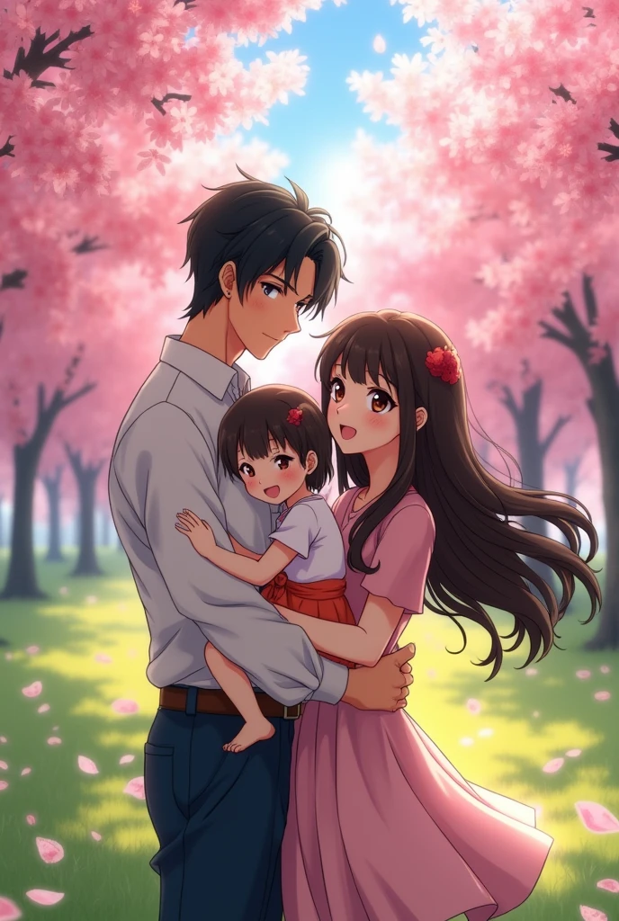 An anime man with black hair and dark maroon Eyes and he is standing with  an anime woman with long middle brunette hair and dark brown eyes and they are standing with their daughter who has black hair and dark brown eyes