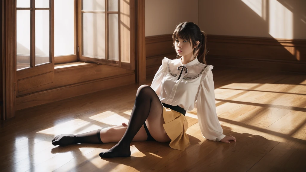 (indoor), (window), (masterpiece), (最high quality), (Very detailedな), (Best Shadow), (photoRealistic:1.4), Frilled blouse, skirt, white ankle socks, high quality, masterpiece, Very detailedな, High resolution, 4K, 超High resolution, Detailed Shadows, Ultra-realistic, Dramatic lighting, one person&#39;s, alone, Detailed face, Realistic eyes, Realistic Skin, Dynamic Hair, Dynamic pose, Dynamic Angle, White floral dress, White Background, Urzan-6500-v1.1, (RAW Photos:1.2), ( Realistic:1.4), Beautiful detailed, Very detailed eyes and face, Beautiful attention to detail, Ridiculous, incredibly Ridiculous, Large file size, Very detailedな, High resolution, Very detailed, 最high quality, (Bright interior), (Soft Light), (Low contrast), (Shallow depth of field), (portrait of a beautiful woman illuminated by gentle light), (Very delicate and elegant depiction), (Short bangs), (Hair color is dark chestnut with a slight brown tinge), (Hair with subtle and gentle waves), (Decorated with thin ribbons), ( White blouse with small frills), (bow tie), (青いロングskirt), (White short ankle socks), shape, Very detailed, CG, Unified, 8k wallpaper, wonderful, Finer details, 最high quality, Very detailed CG Unified 8k wallpaper, Face Light, Cinema Lighting,