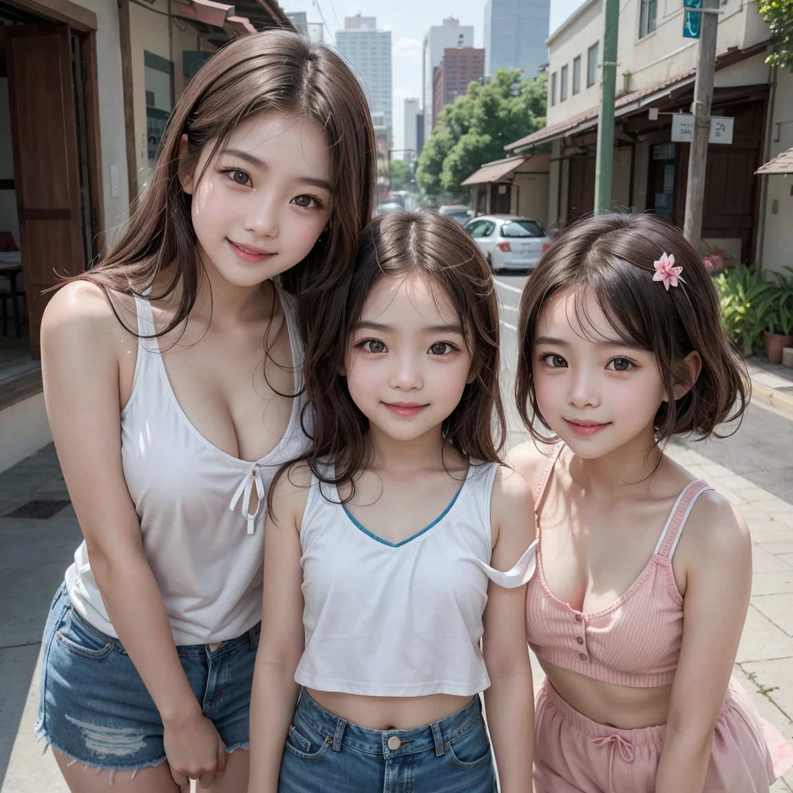 ( 3 girls),smile、Look into the camera、สาวสวยYoung faceวัยใส、Cute Asian Girl, 8 , with a stretch tank top and denim skirt, big breasts, Young face, little child, , s sleevend forward, Revealing her cleavage, smile,in the stream, ภาพระยะใกล้ รอยsmile、small waist, brown eyes(((The chest is erect...)))(((round chest)))(((big breasts:1.0)))