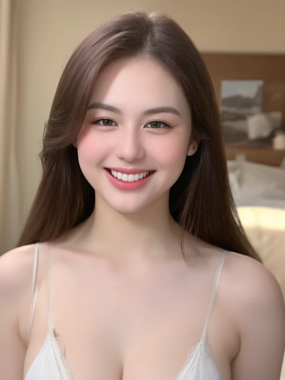 (realistic、masterpiece、Best Quality、8K、highres、high resolution:1.3)、1 glasses girl、 Huge breasts、smile, white bikini、pale white skin、looking at viewers、super fine face and eyes、long hair、indoor、 upper body、