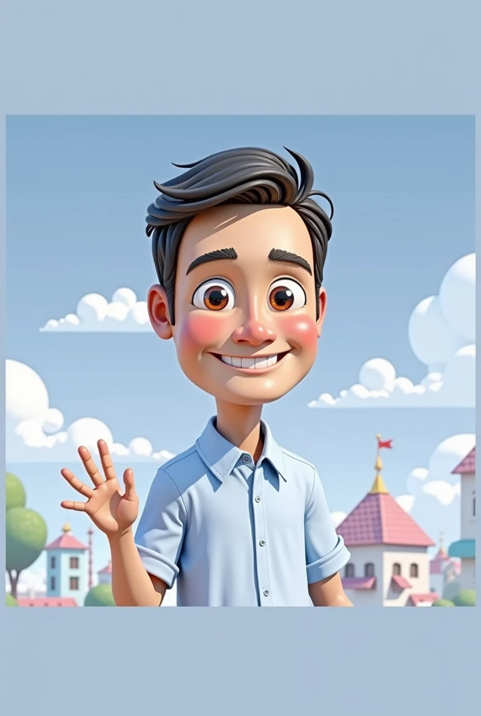 Cartoon character of a man blue shirt, 45 years old adult, an animated character, stylized character, animation style rendering, 3d stylized, smiling and making a stop sign with your hand