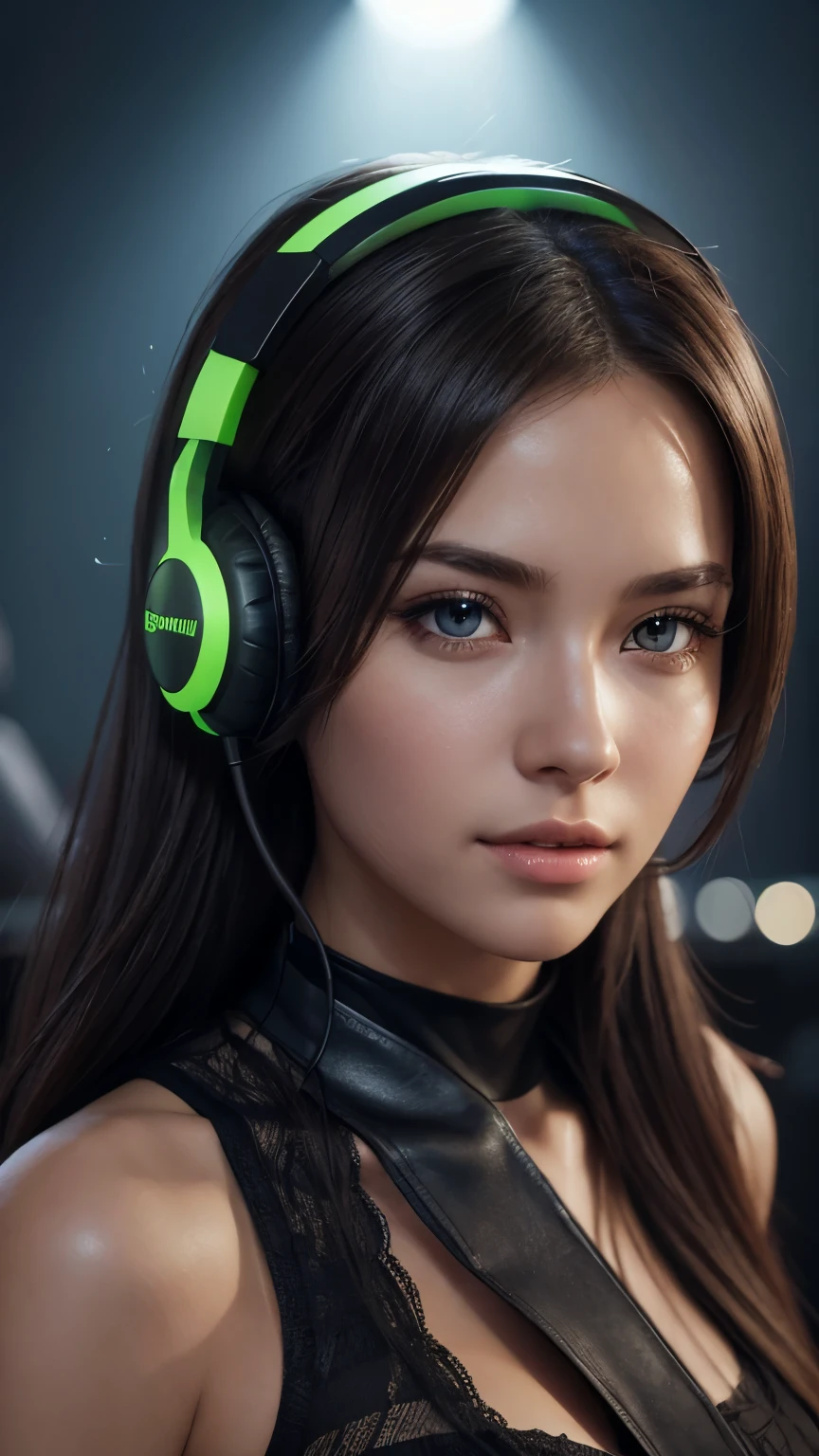Russian girl long straight blonde hair, put on headphone jack and change into a cyberpunk green coat but don't change the face, green background. --auto --s2
