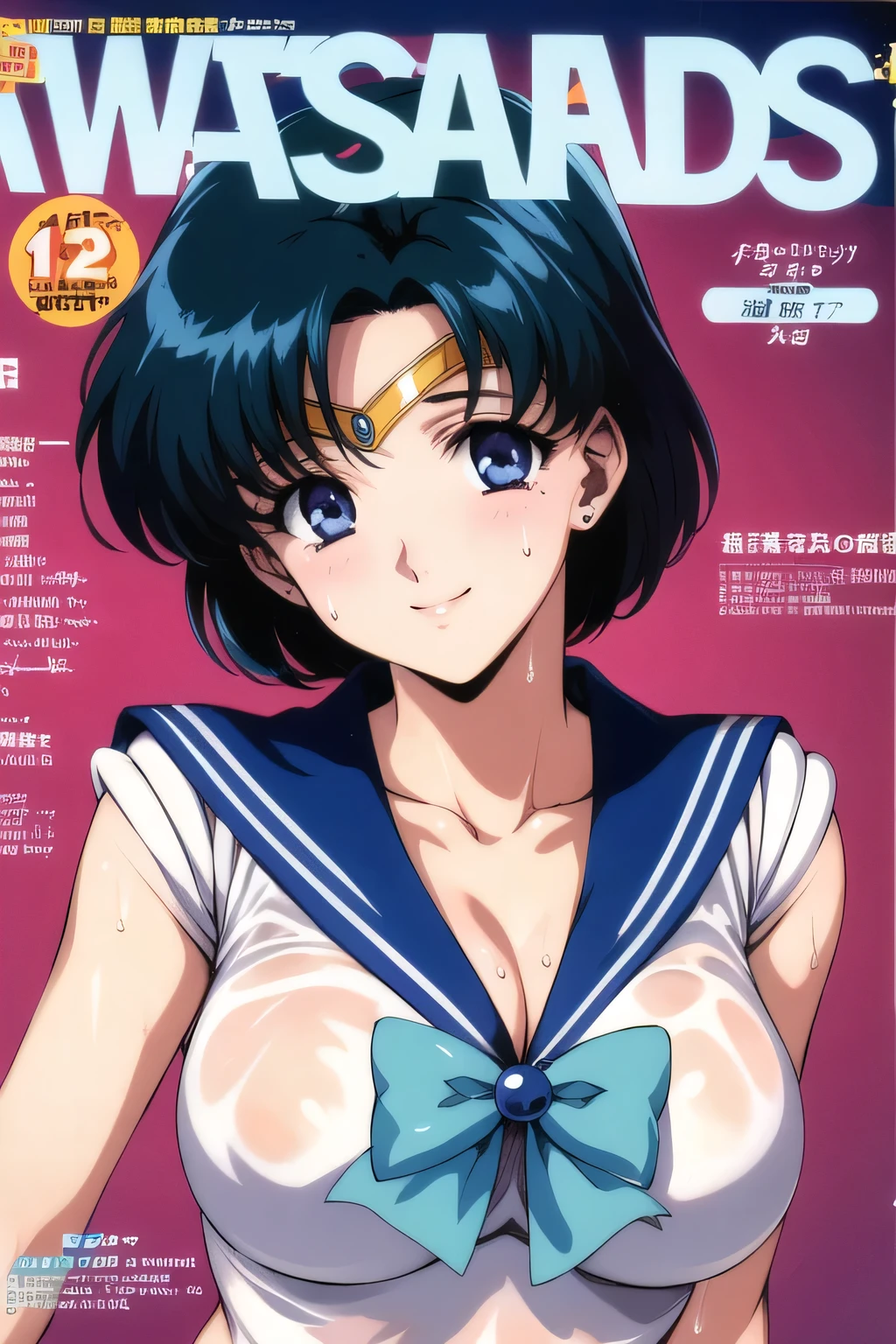masterpiece, Highest quality, High resolution, Sailor Mercury 1990s \(style\),、(Big Breasts)、Sweating all over the body、vapor、、Magazine Cover ((Cum on face))