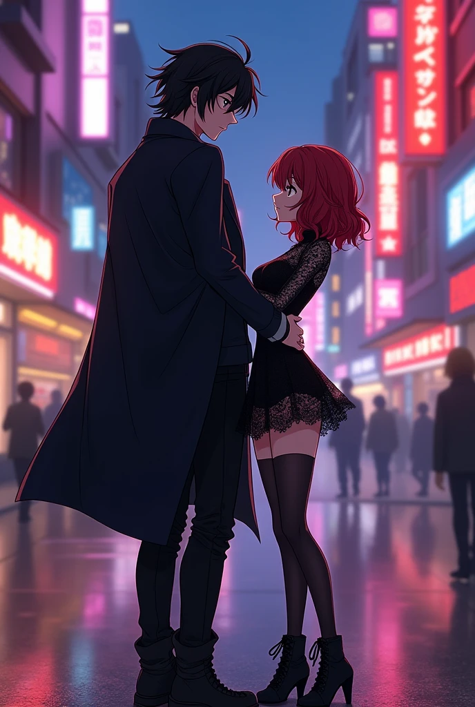 Two Anime characters: um casal, the shortest woman, with slightly light skin color and light brown eyes, with short wavy hair with bangs in wine red color wearing a black lace dress with thigh-high tights and black boots, has two moles between her lip and her nose skinny. The Biggest Man, black wavy hair with shoulder length hair, with black eyes, slightly white skin, with a black coat and pants and boots, with a serious face and a muscular body.